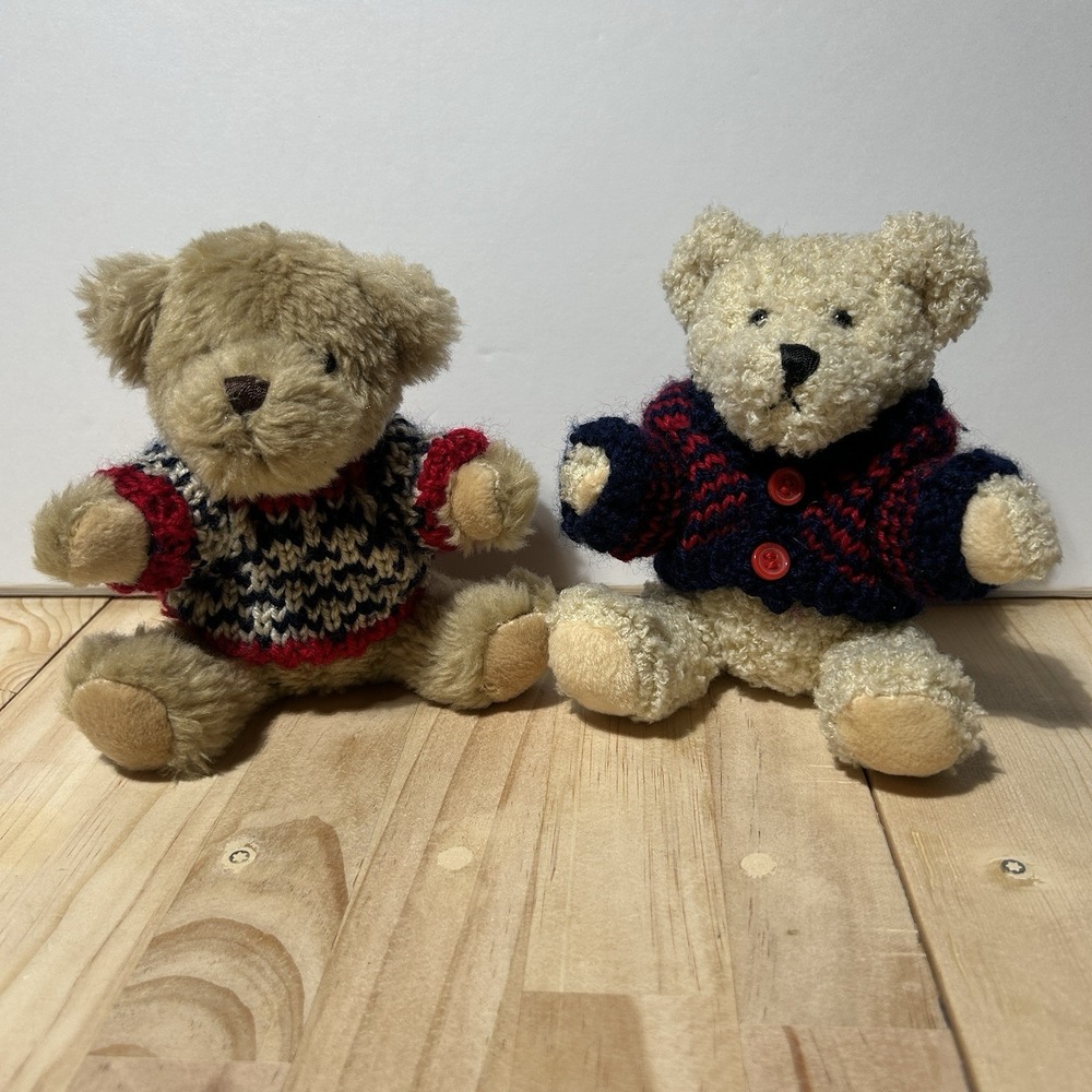 Set of 2 HugFun International Teddy Bear Winter Sweater Plush 6" Lot Red Blue